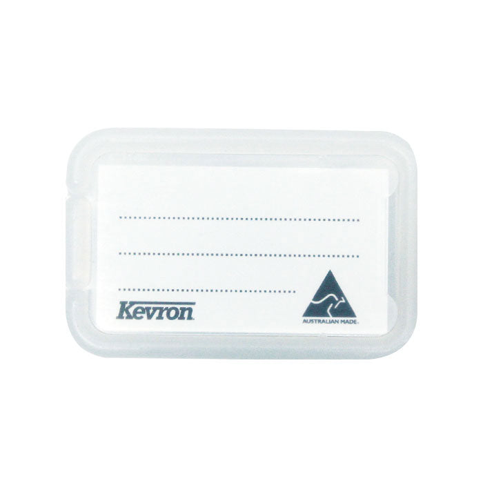 Close up of a single clear Kevron ID5 click-open key tag showing the ruled white paper insert with the Kevron name and the Australian Made kangaroo mark