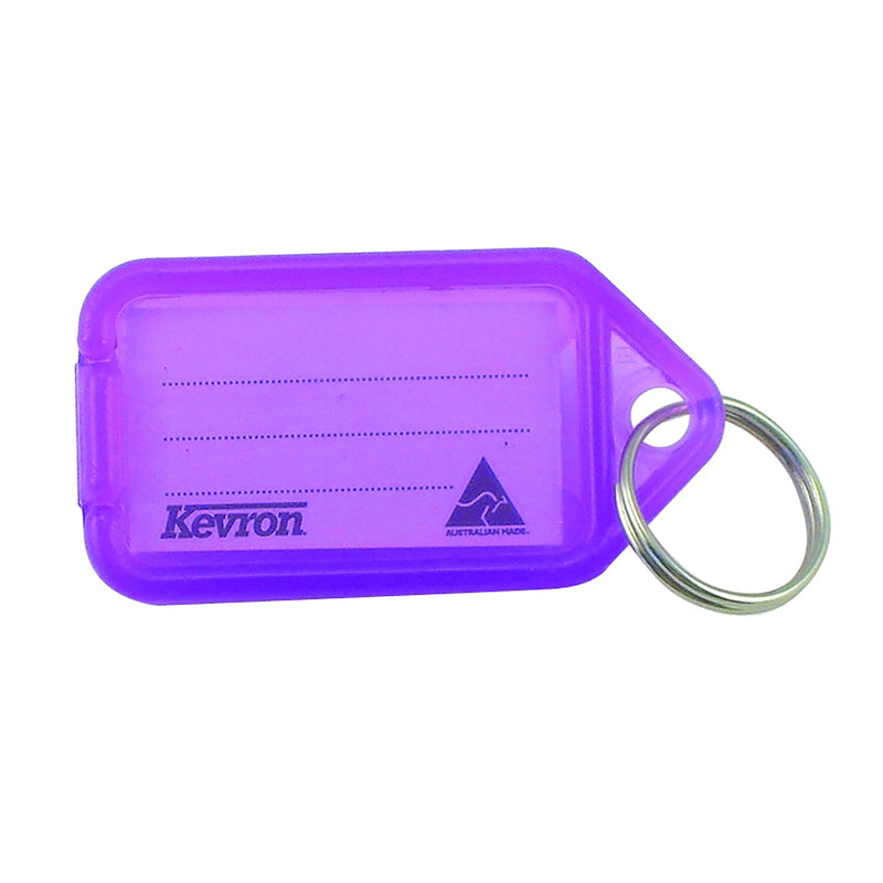 Single lilac Kevron ID5 key tag with a split ring, the paper insert showing dotted writing lines, the Kevron name and the Australian Made logo