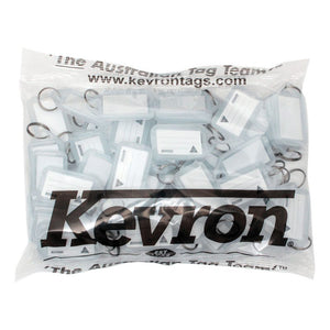 Kevron ID5 key tags clear bag of 50, sealed clear poly bag printed with the Kevron logo filled with clear click-open key tags with white paper inserts and metal rings attached