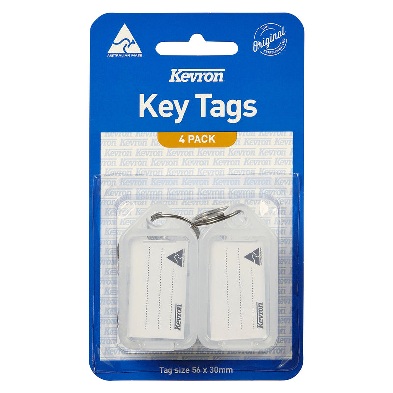 Retail blister packaging containing four Kevron ID5 Clear Key Tags displayed on official branded packaging. The image highlights the included key tags, pre cut inserts and convenient pack size for home and office organisation.