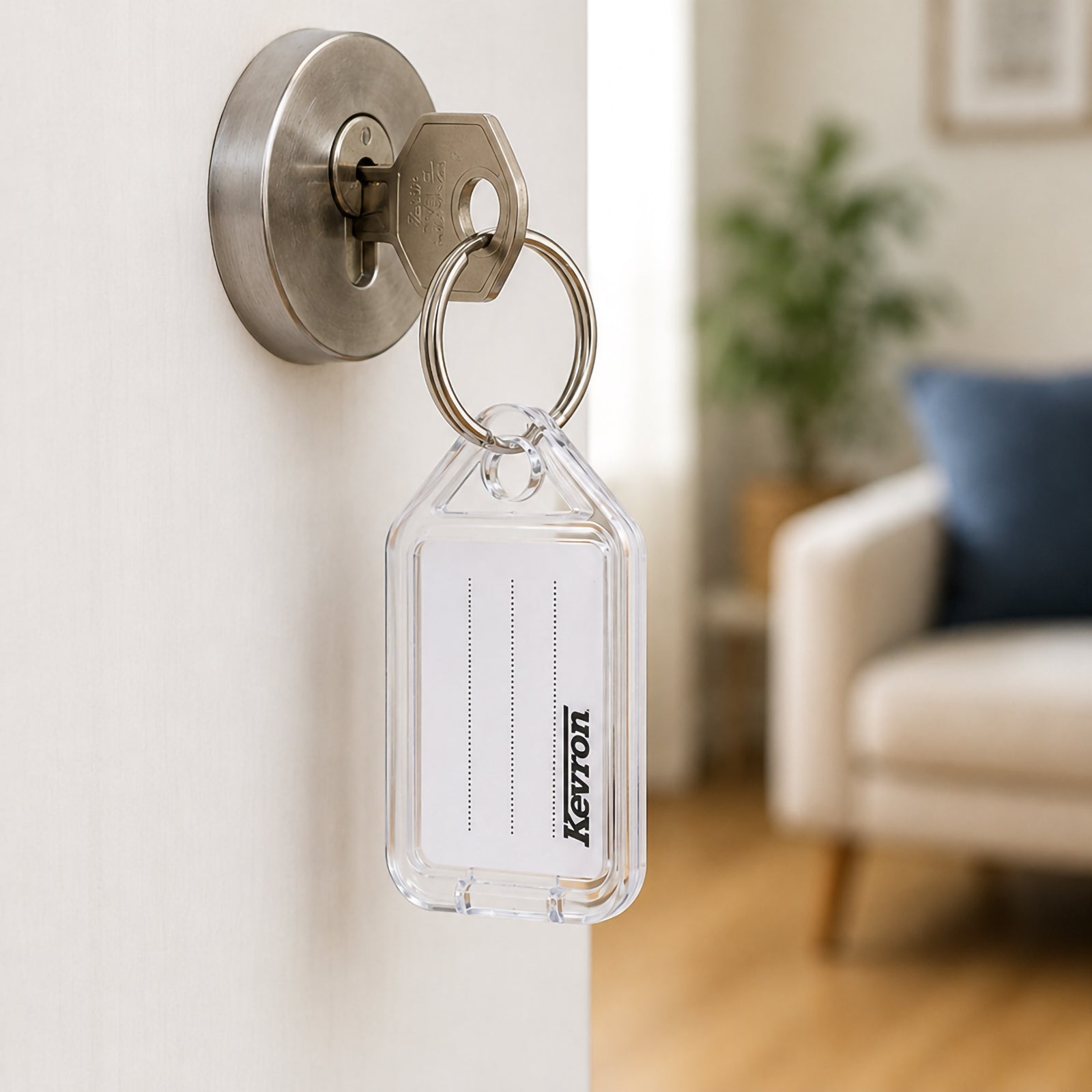 The Kevron ID5 Clear Key Tag hangs from a house key inserted into a modern door lock. The lifestyle image demonstrates practical home use, making it easy to identify keys while maintaining a neat and professional appearance.