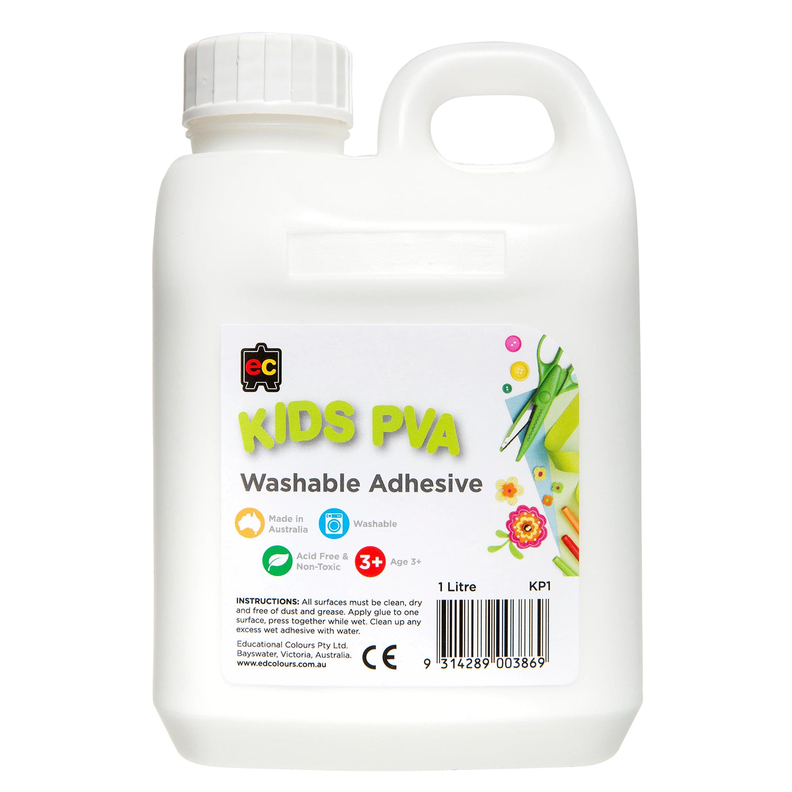 Clean product only image of Educational Colours Kids Washable PVA Glue 1 Litre bottle against a plain white background. The packaging, branding, safety icons and product information are clearly visible, providing a professional catalogue style product reference image.