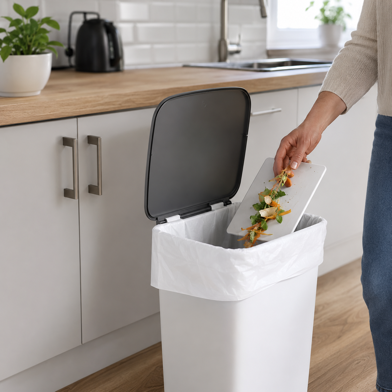 Kitchen tidy liner fitted inside a white kitchen bin while food scraps are being disposed of in a clean modern kitchen.