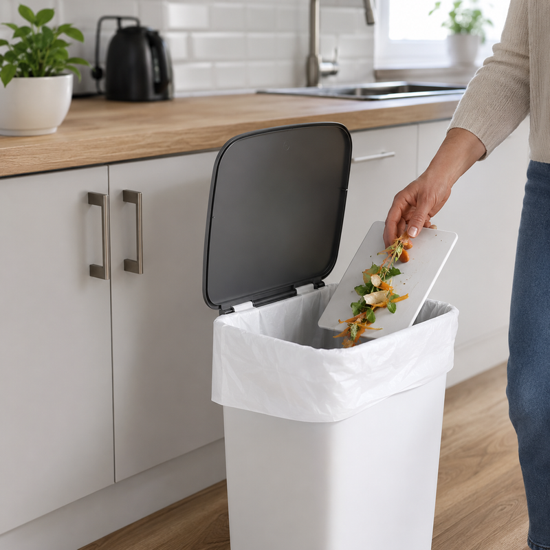 Kitchen tidy liner fitted inside a white kitchen bin while food scraps are being disposed of in a clean modern kitchen.