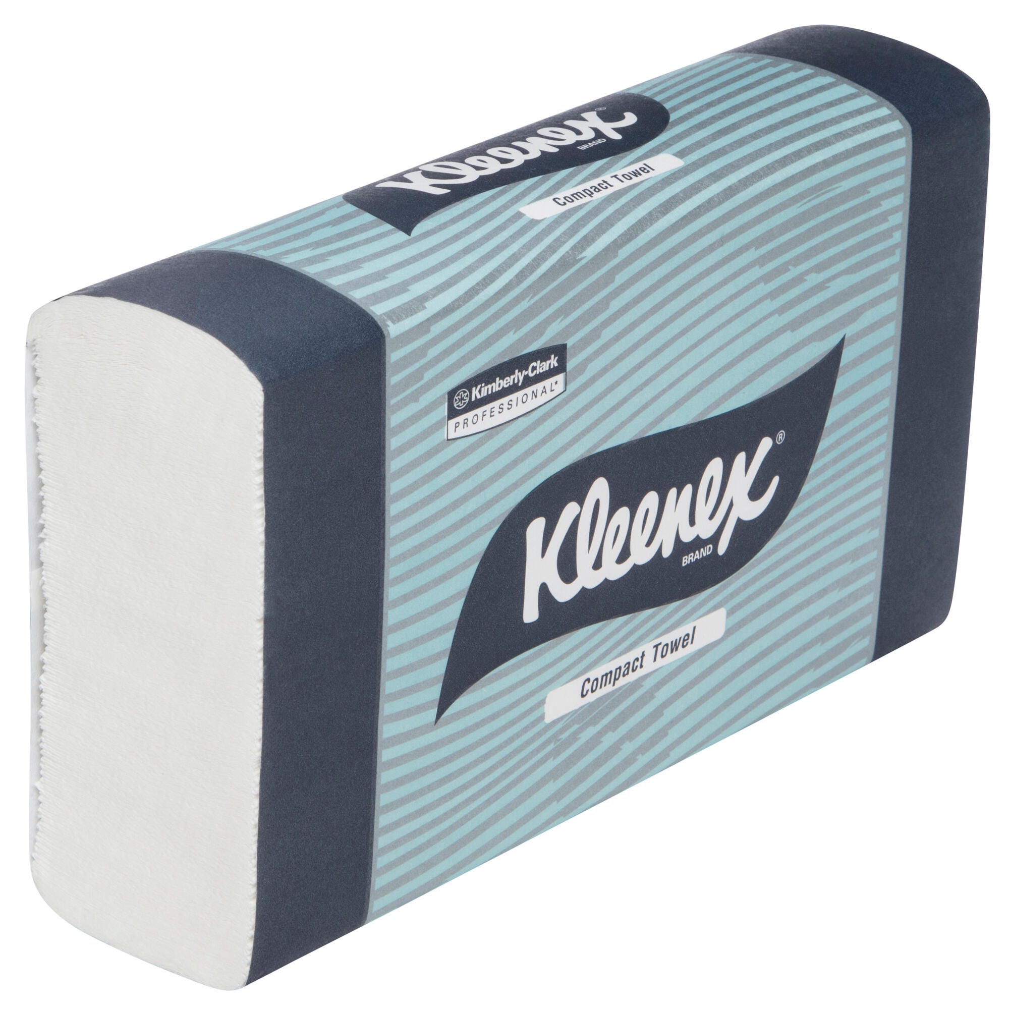 Single sealed pack of Kleenex Compact Towels viewed at an angle, showing the teal striped and navy Kimberly-Clark Professional wrapper with the folded white towel stack exposed at the open end