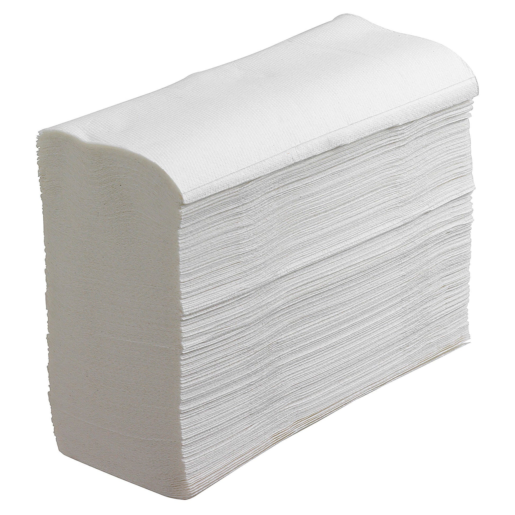 Unwrapped stack of white Kleenex compact hand towels on a plain background, showing the interleaved fold and the embossed texture across the top sheet