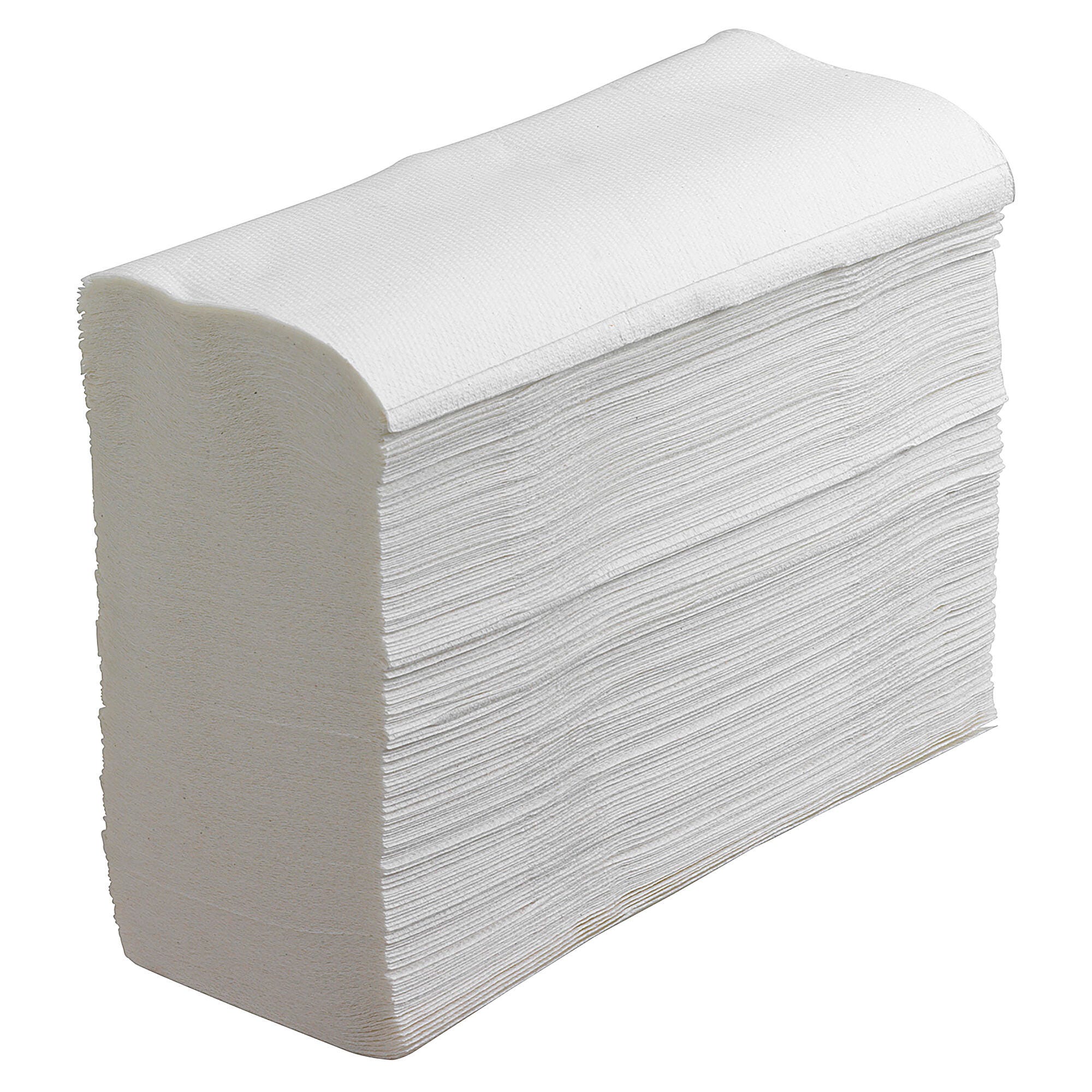 Unwrapped stack of white Kleenex compact hand towels on a plain background, showing the interleaved fold and the embossed texture across the top sheet