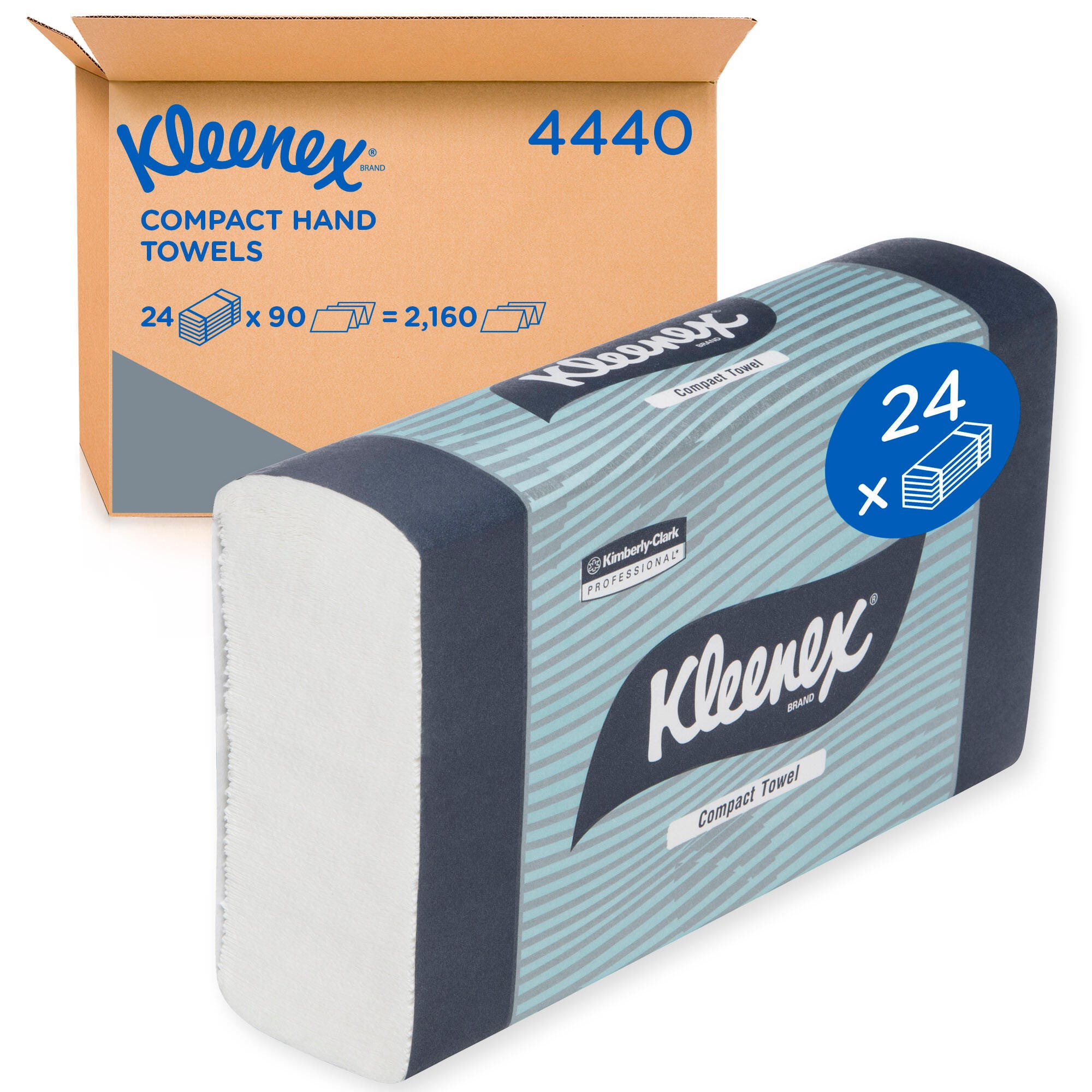 Kleenex Compact Hand Towels shipping carton printed with the code 4440 and a 24 x 90 equals 2,160 towels diagram, shown beside a single teal and navy Kimberly-Clark Professional pack with the folded white towel stack visible at one end