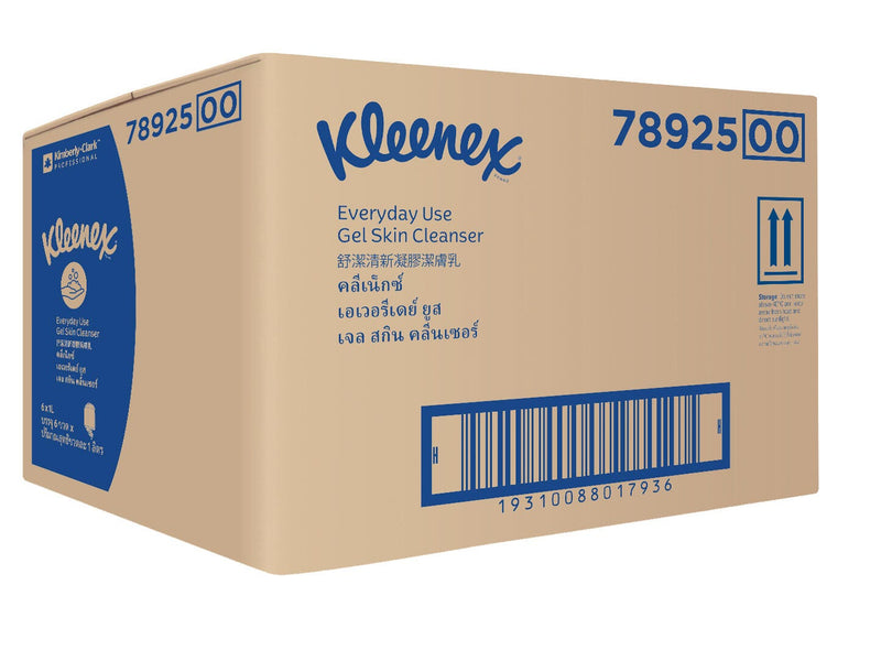 Cardboard shipper carton for Kleenex Everyday Use gel skin cleanser product code 78925, printed with Kleenex branding and holding the six one litre refill cartridges supplied in each carton