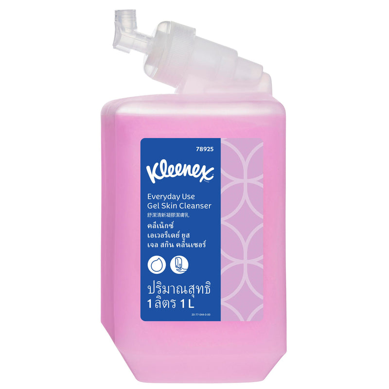 Close view of the Kleenex Everyday Use one litre soap cassette focusing on the sealed neck and pump fitting that locks the refill into a manual push dispenser
