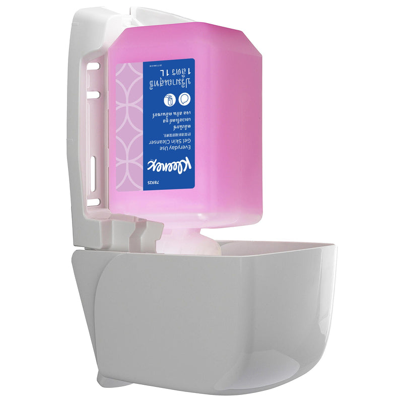 Further view of the Kleenex Everyday Use gel skin cleanser one litre cassette showing the pack face and label artwork from an alternate orientation against a white background