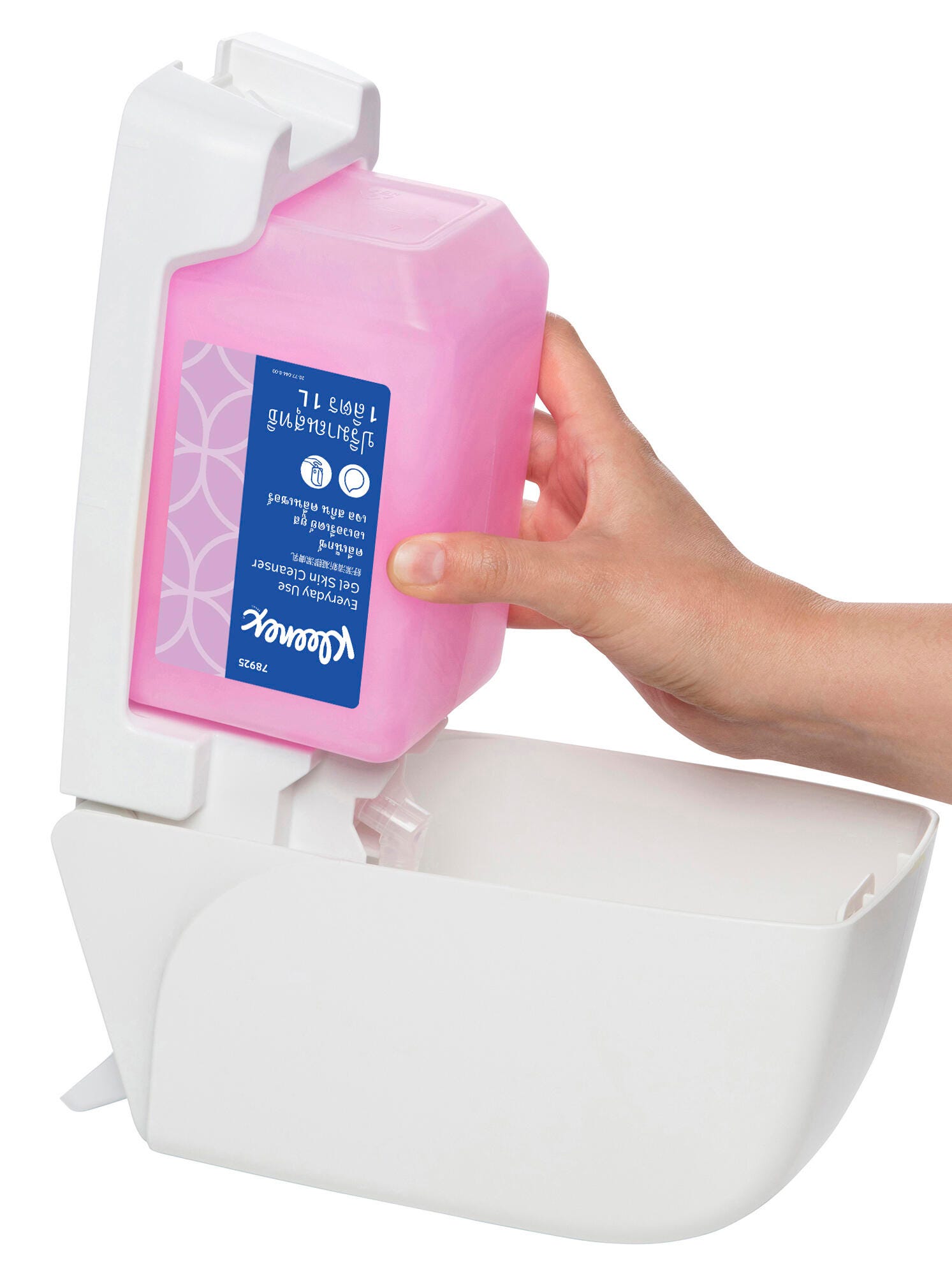 Additional product view of the Kleenex Everyday Use gel skin cleanser one litre refill cassette, showing the bottle proportions and Kleenex branding used for washroom soap dispensers