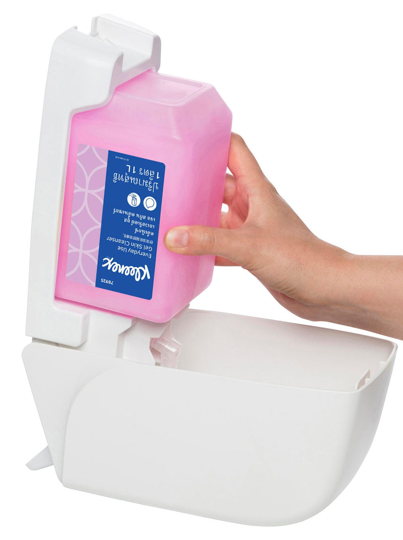 Additional product view of the Kleenex Everyday Use gel skin cleanser one litre refill cassette, showing the bottle proportions and Kleenex branding used for washroom soap dispensers
