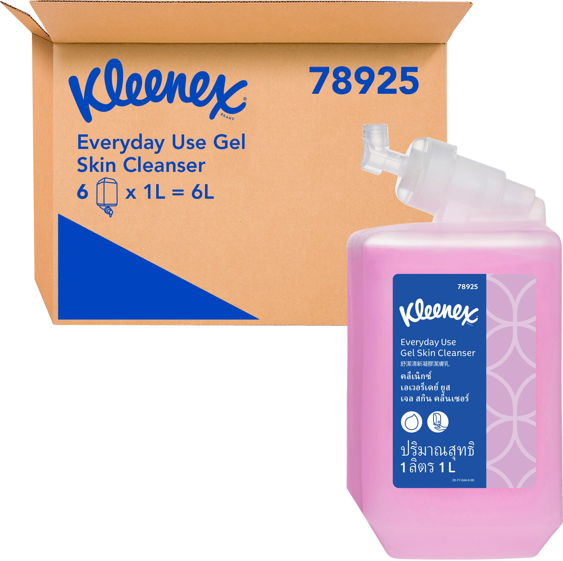 Front view of the Kleenex Everyday Use gel skin cleanser one litre refill cassette, a flat white plastic bottle with a blue and white Kleenex label and a moulded sealed neck, standing upright on a plain white background