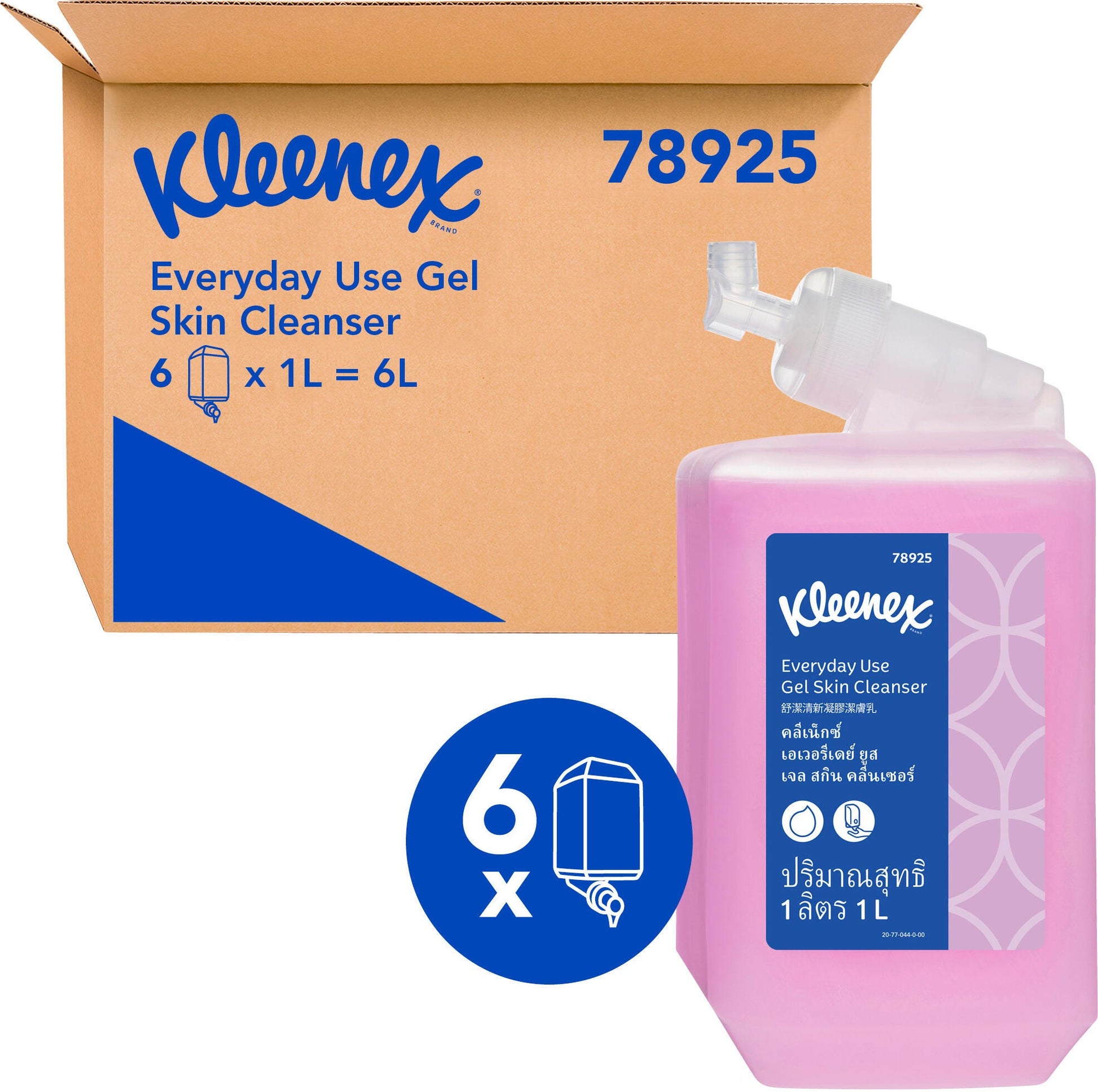 Kleenex Everyday Use gel skin cleanser one litre cassette shown front on with the English product label in view, showing the gel handwash naming and the one litre fill volume on the pack