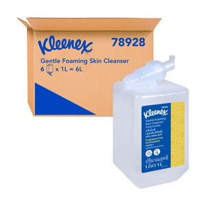 Kleenex 78928 Gentle Foaming Skin Cleanser carton printed 6 x 1L = 6L, with one clear 1 litre cartridge in front showing the blue and yellow Kleenex label and the foam pump nozzle