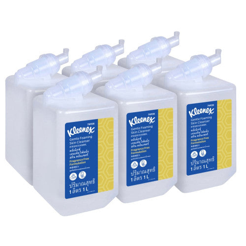 Case of six Kleenex 1L fragrance free foaming skin cleanser cartridges for office and commercial use