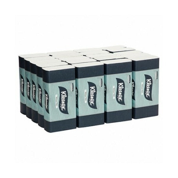 Wrapped packs of Kleenex Optimum hand towels grouped in rows, each in the teal wave pattern wrapper with dark end bands