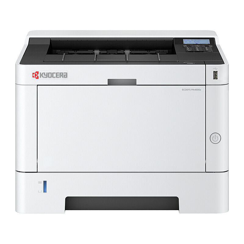 Kyocera ECOSYS PA4000x mono laser printer from the front, showing the control panel and display, the front USB port, the output tray on top and the paper cassette at the base