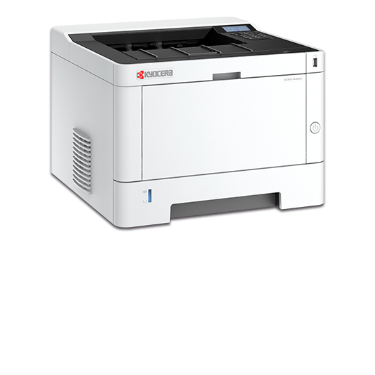 Kyocera ECOSYS PA4000x printer at a three quarter angle, showing the side vents, the cassette front and the raised output tray