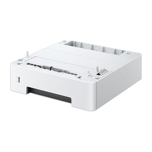 Kyocera PF-1100 paper feeder unit at an angle, showing the alignment pins and connector on top, the pull out cassette at the front and the blue paper level indicator on the side