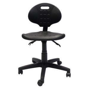 Front view of the Rapidline Lab Chair with black moulded polyurethane seat and back on a black nylon 5 star base.