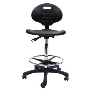 Rapidline lab drafting stool with black moulded polyurethane seat and back rest, chrome drafting ring and black 5 star base on castors, front three quarter view