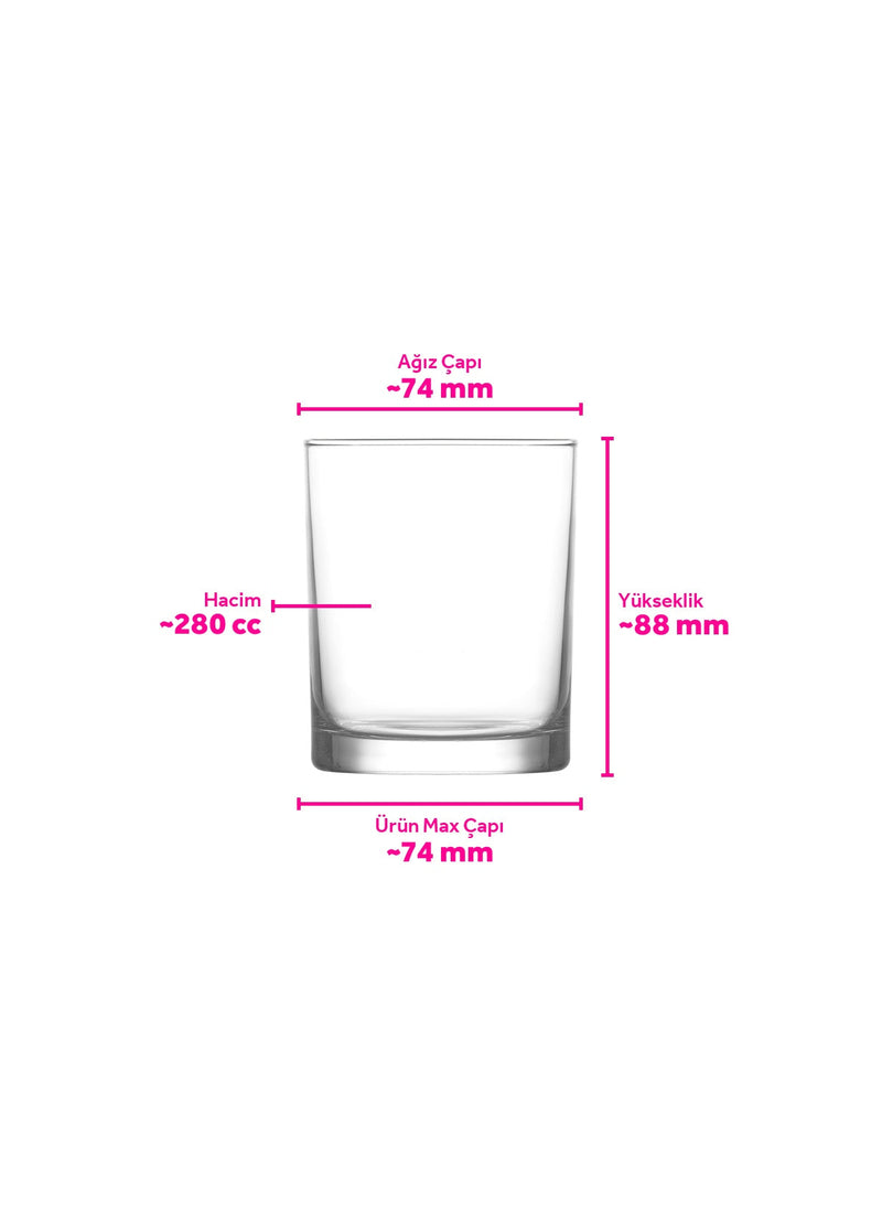 LAV dimension drawing of the Liberty short tumbler, marked about 74mm at the rim and the widest point, about 88mm high and about 280cc
