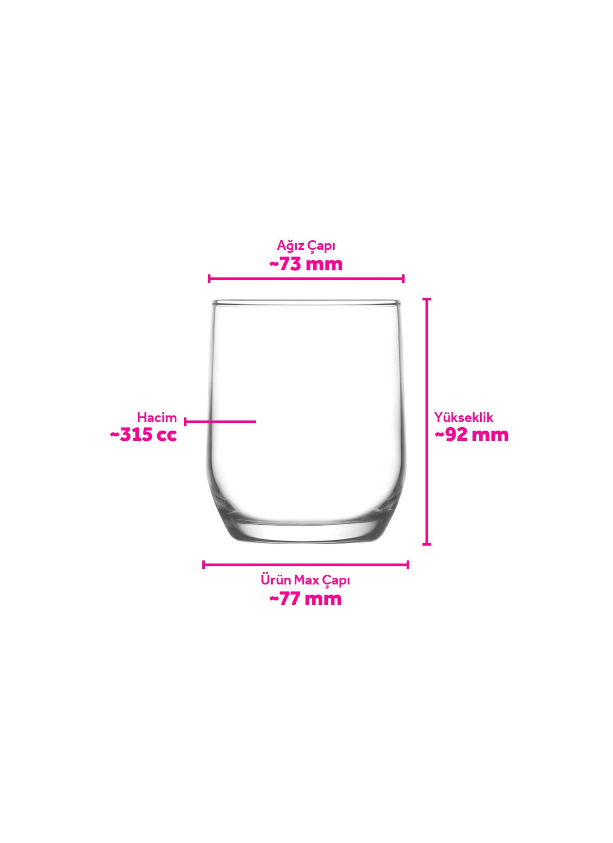 LAV dimension drawing of the Sude short tumbler, marked about 73mm at the rim, about 77mm at the widest point, about 92mm high and 315cc