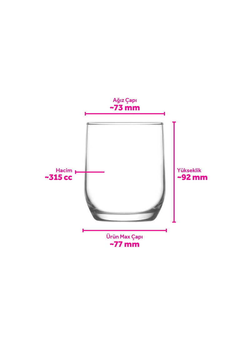 LAV dimension drawing of the Sude short tumbler, marked about 73mm at the rim, about 77mm at the widest point, about 92mm high and 315cc