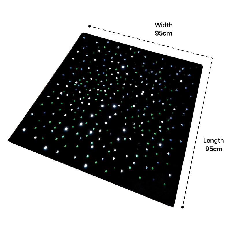 Product dimensions image showing the MTA Essentials LED Sensory Carpet from an angled top view. Measurement guides identify both the width and length as 95cm, clearly demonstrating the square proportions of the black fibre optic carpet and its illuminated green, blue and white light points.
