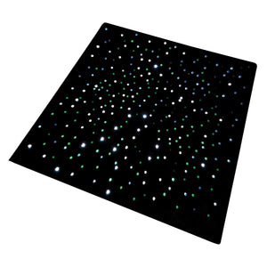 Clean product view of the MTA Essentials LED Sensory Carpet against a white background. The 95 x 95cm black square carpet features embedded fibre optic strands producing green, blue and white illuminated points across the surface, clearly presenting the sensory product without surrounding furniture or classroom distractions.