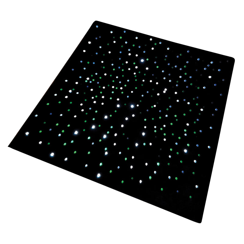 Clean product view of the MTA Essentials LED Sensory Carpet against a white background. The 95 x 95cm black square carpet features embedded fibre optic strands producing green, blue and white illuminated points across the surface, clearly presenting the sensory product without surrounding furniture or classroom distractions.