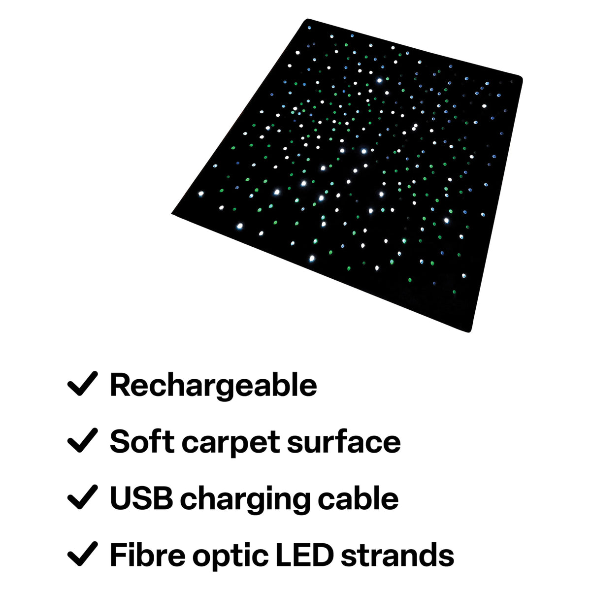 Product feature image of the LED Sensory Carpet highlighting its rechargeable design, soft carpet surface, included USB charging cable and embedded fibre optic LED strands. The angled product view displays the black square surface illuminated with green, blue and white points against a clean white background.