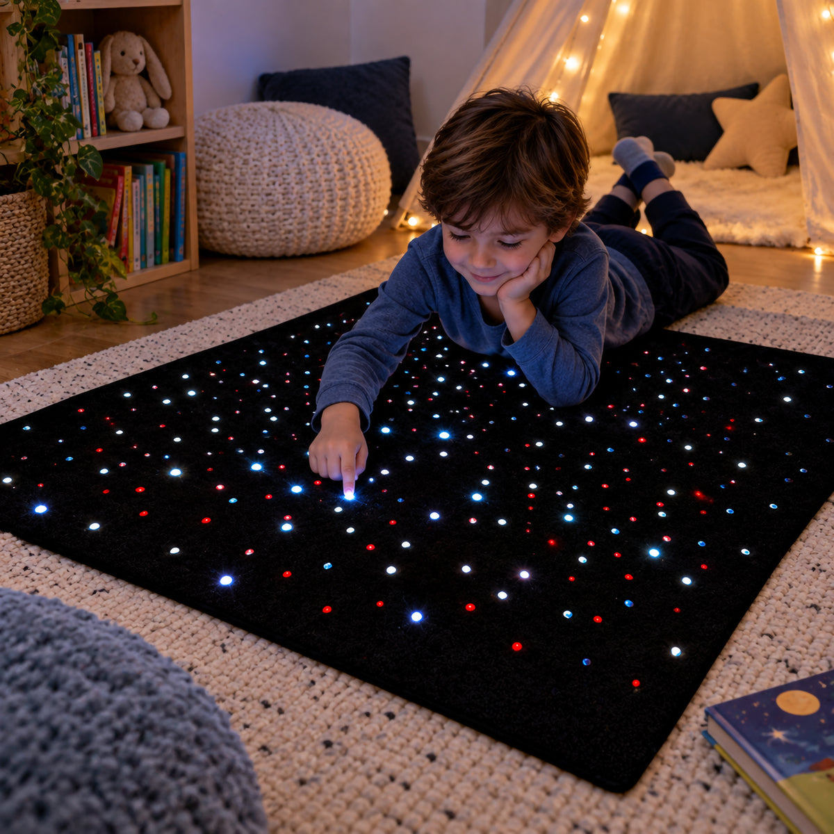 MTA Essentials LED Sensory Carpet shown in a cosy sensory room with a child lying comfortably across the soft black surface and exploring one of the illuminated fibre optic points. Red, blue and white lights create a star like effect, while books, soft furnishings and warm ambient lighting create an inviting setting for supervised sensory exploration.