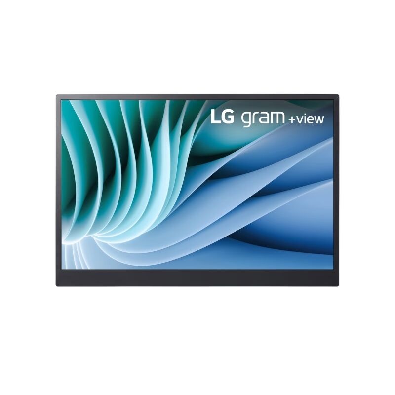 Front view of the LG 16MR70 gram plus view 16-inch WQXGA portable monitor shown upright with its folio cover stand against a white background