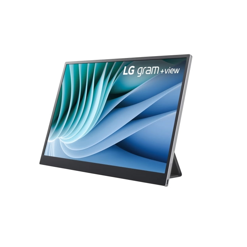 Angled view of the LG 16MR70 portable monitor highlighting its slim, lightweight body and folio cover stand