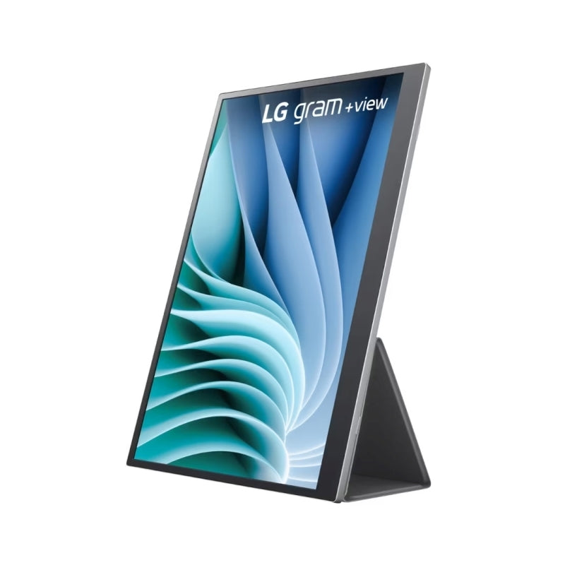 Rear view of the LG 16MR70 portable monitor showing the dual USB-C ports and the folding folio stand