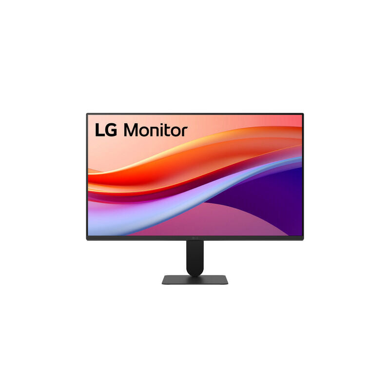 Front view of the LG 24U411-B 24-inch Full HD 120Hz IPS monitor showing the borderless display and stand on a white background