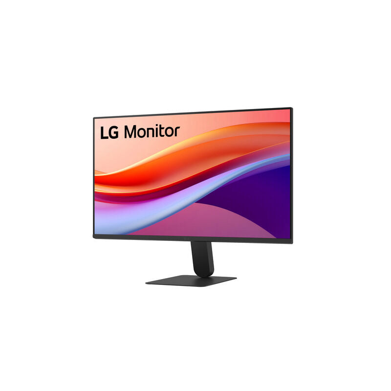Angled view of the LG 24U411-B 24-inch 120Hz monitor highlighting the three-side borderless design and stand