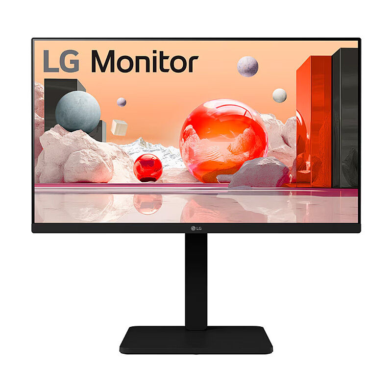 Front view of the LG 24BA550 23.8-inch Full HD IPS monitor showing the display and adjustable stand on a white background