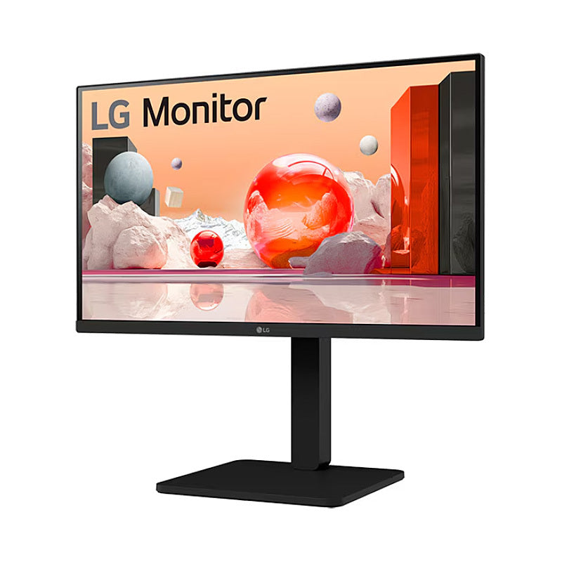 Angled view of the LG 24BA550 23.8-inch IPS monitor highlighting the height-adjustable stand and slim profile