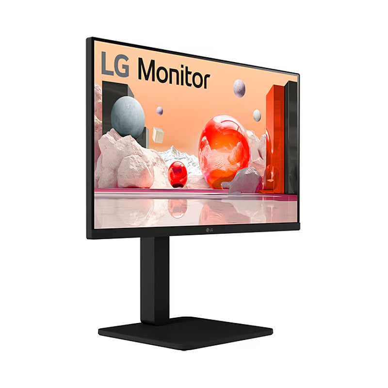 Side profile of the LG 24BA550 23.8-inch monitor showing the tilt, height, swivel and pivot adjustable stand