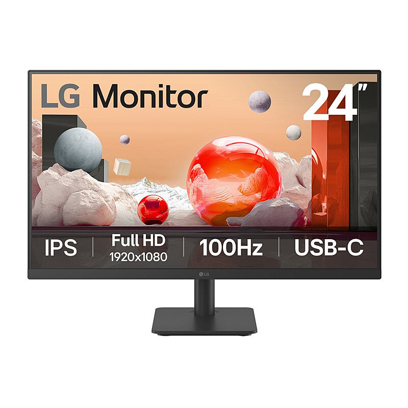 Front view of the LG 24MS530B 23.8-inch Full HD IPS monitor showing the display and stand on a white background