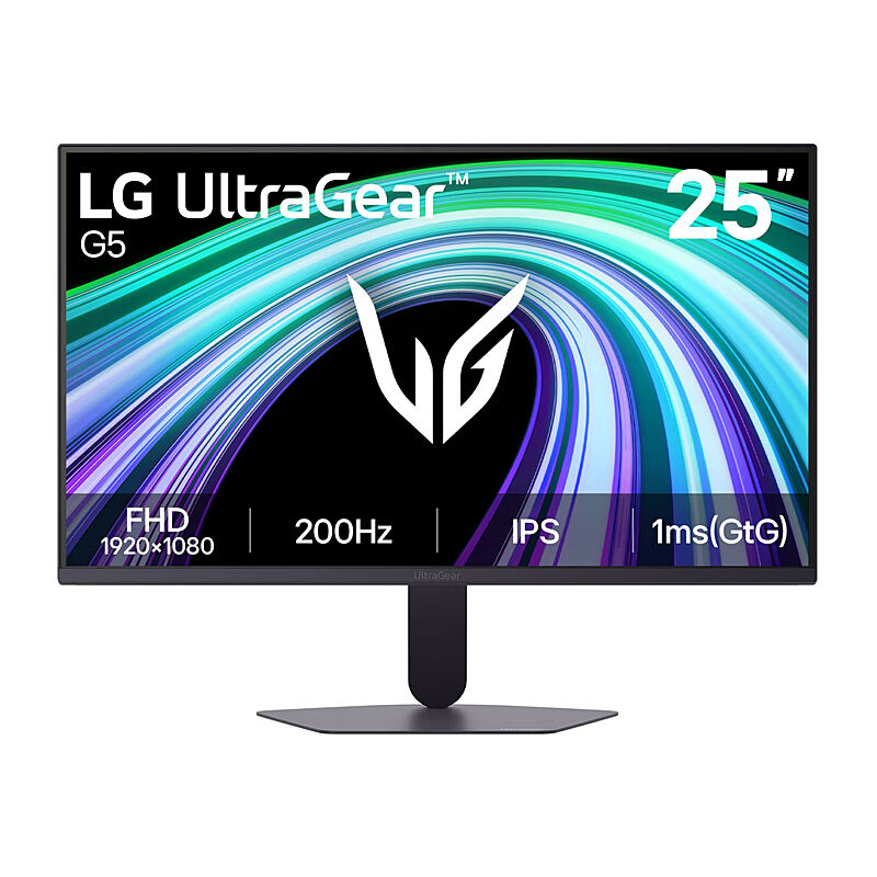Front view of the LG 25G523B-B 24.5-inch Full HD IPS gaming monitor in black showing the display and stand on a white background