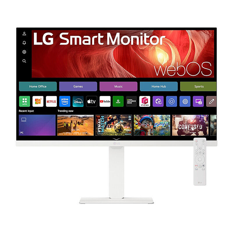 Front view of the LG 27U730SA-W 27-inch 4K smart monitor in white showing the display and stand on a white background