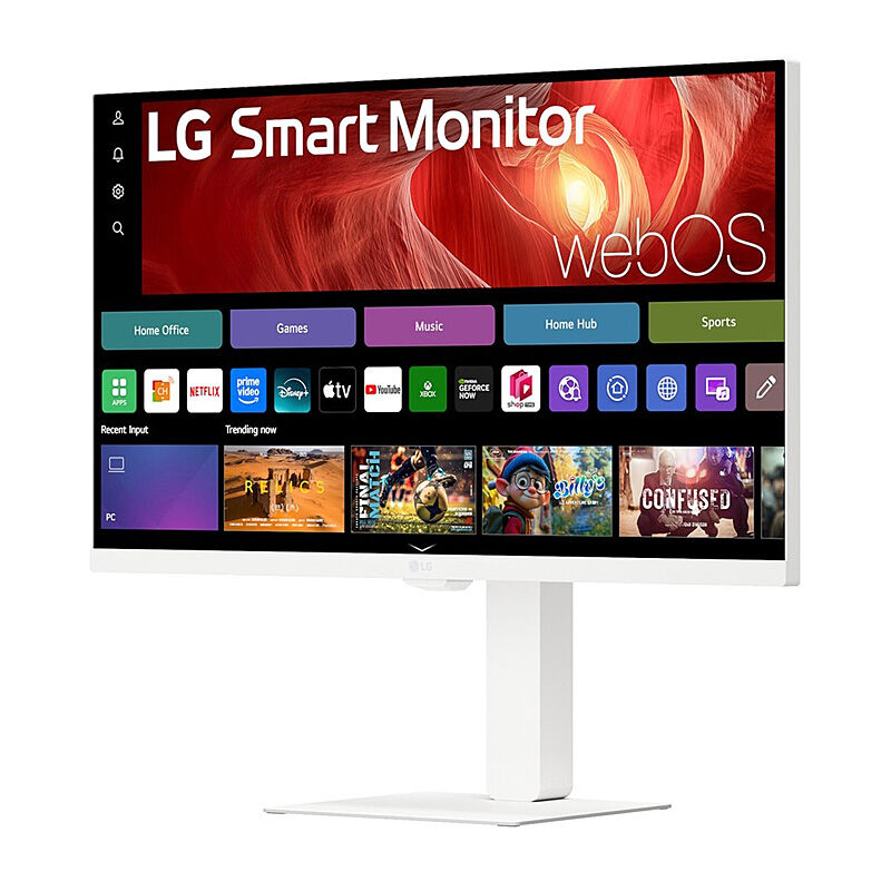Angled view of the LG 27U730SA-W 27-inch 4K smart monitor highlighting the slim profile and stand