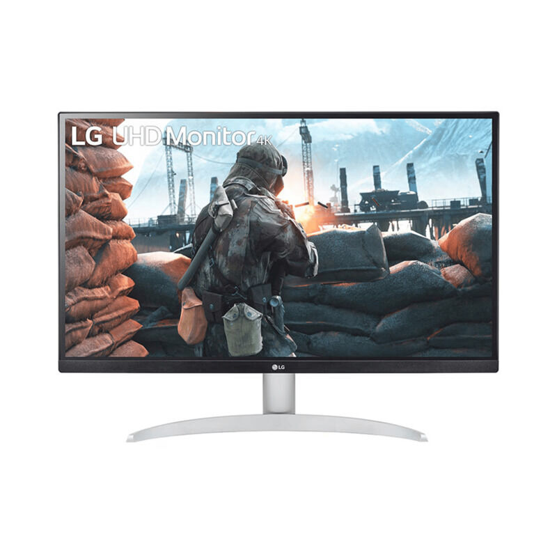 Front view of the LG 27UP600K-W 27-inch UHD 4K IPS HDR400 monitor in white showing the display and stand on a white background