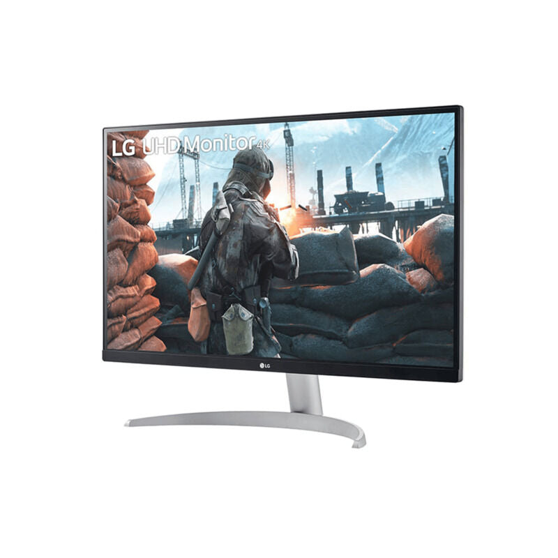 Angled view of the LG 27UP600K-W 27-inch 4K HDR monitor in white highlighting the slim bezels and stand