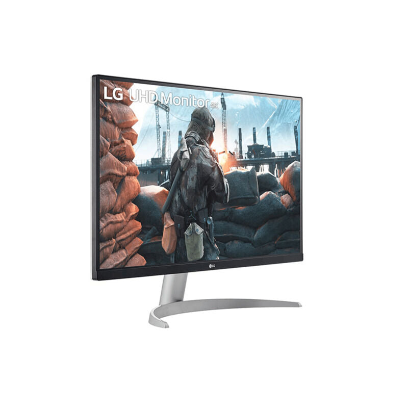 Rear view of the LG 27UP600K-W 27-inch 4K monitor showing the input ports and stand attachment